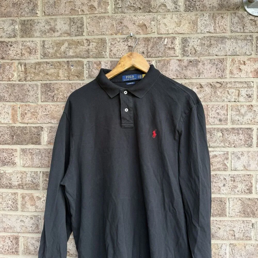 Polo Ralph Lauren Classic Fit Black Long Sleeve Polo Shirt Mens XL Red Pony Logo